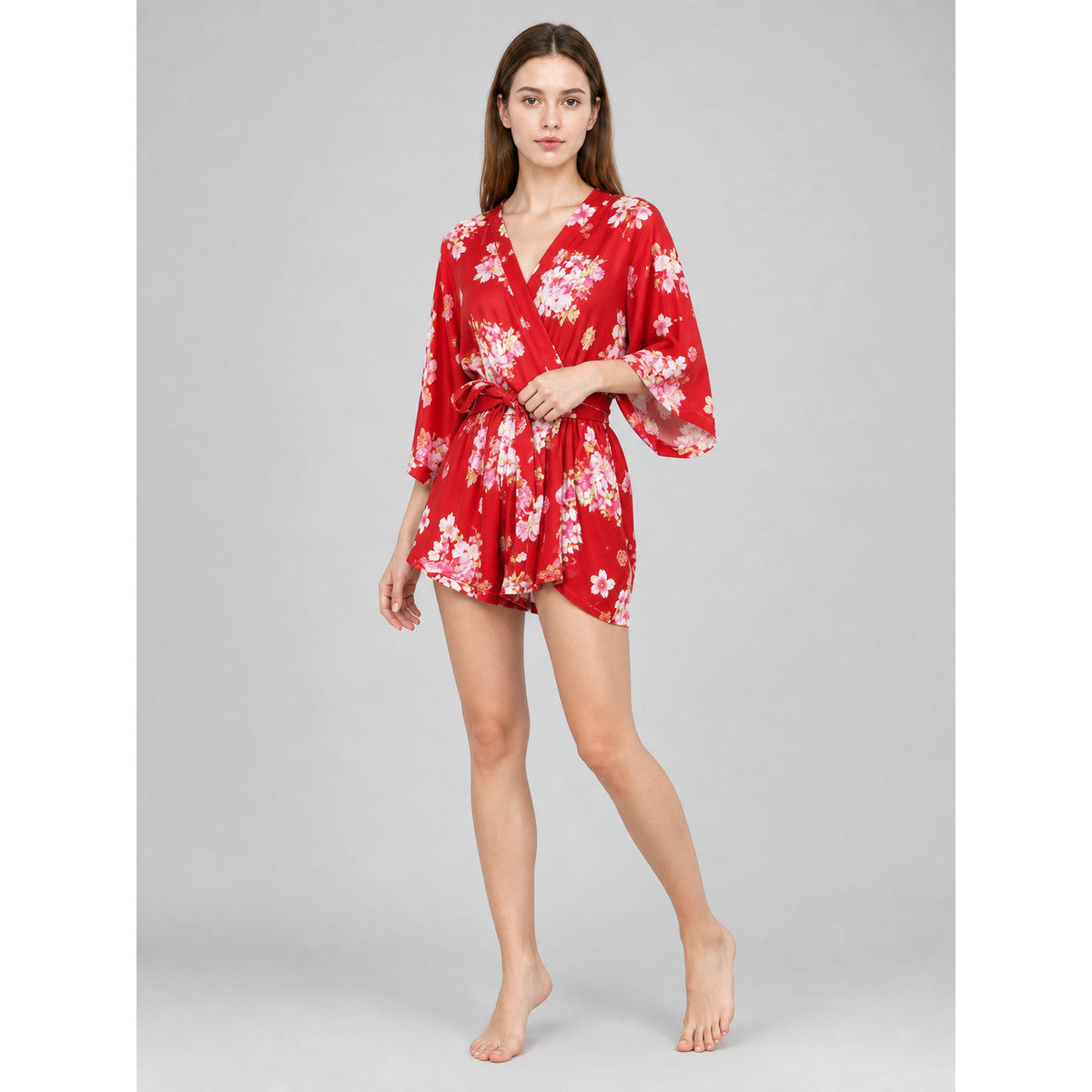 Short floral kimono robe for parties on-model front view
