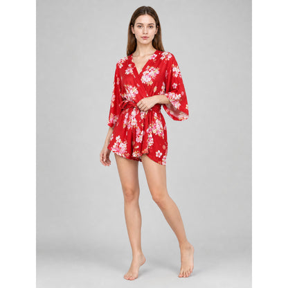 Short floral kimono robe for parties on-model front view