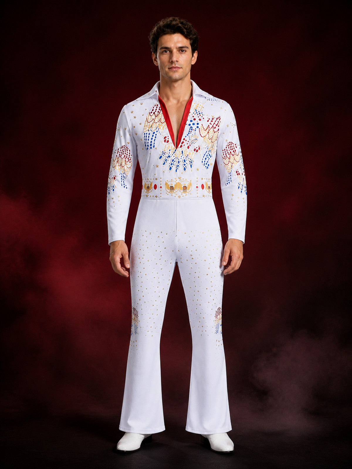 White Rock Singer Jumpsuit Costume With Flared Legs And Colorful Patterns main product view