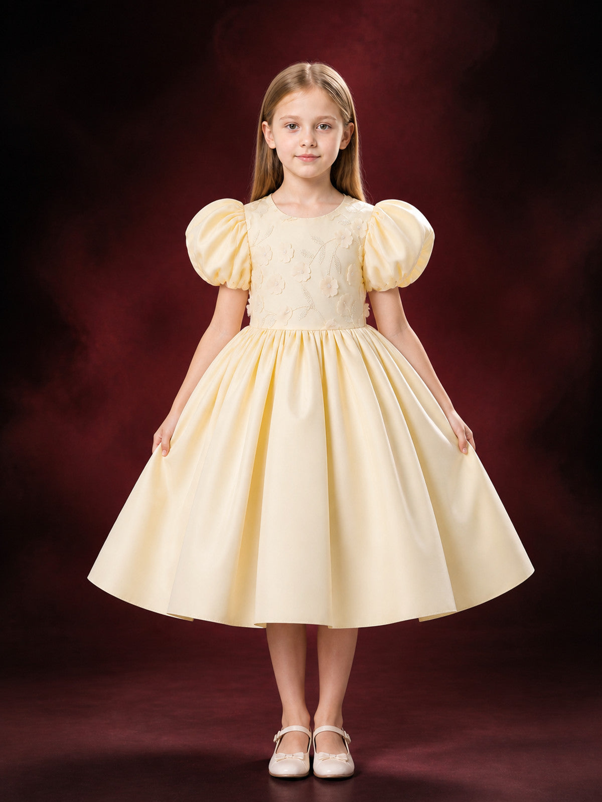 Girls' Christening Dress, Puff Sleeve Princess Gown with Floral Appliqué and main product view