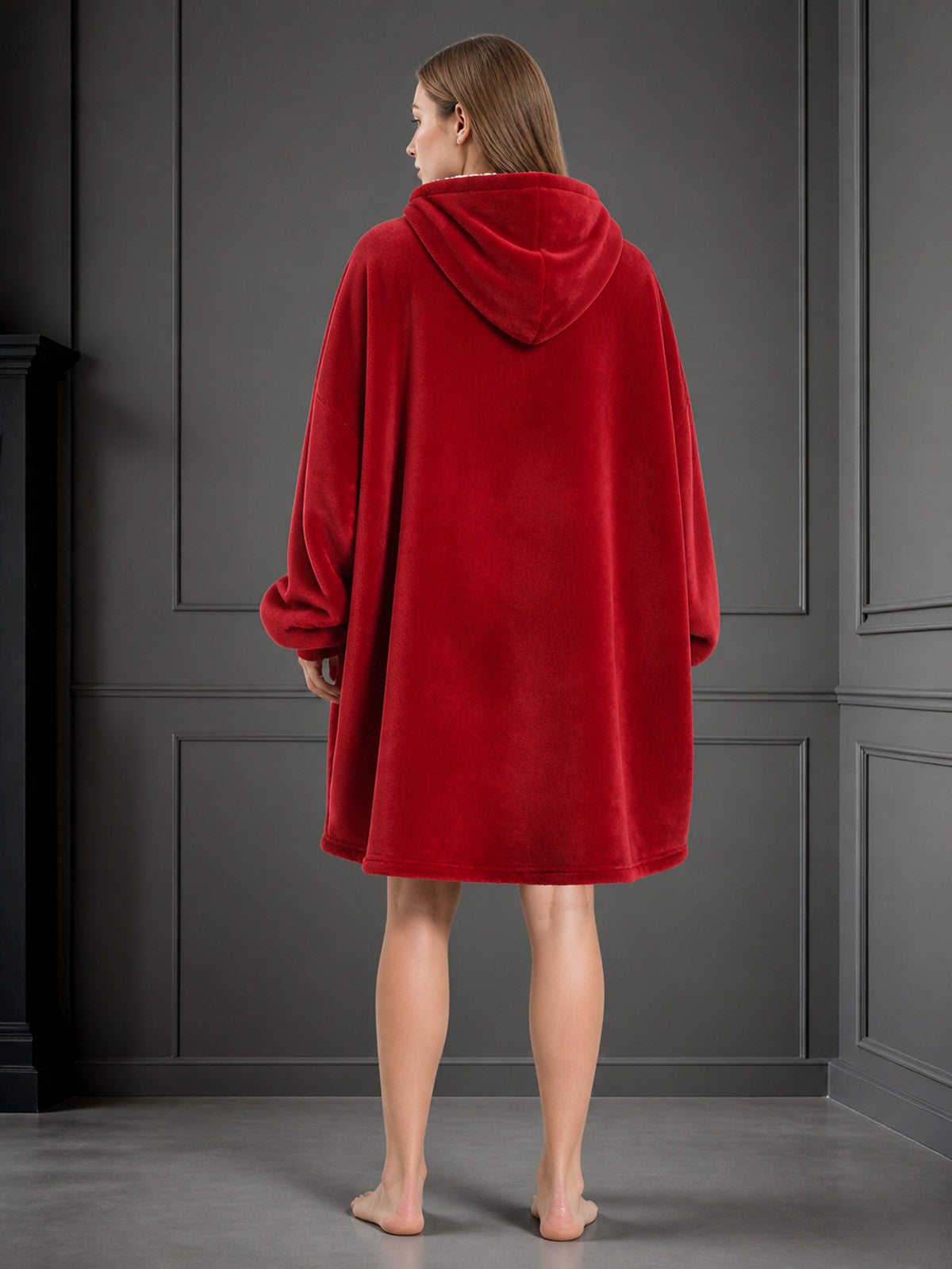 Red Long-Sleeved Hooded Top with Large Kangaroo Pocket, Loose Oversized Fit