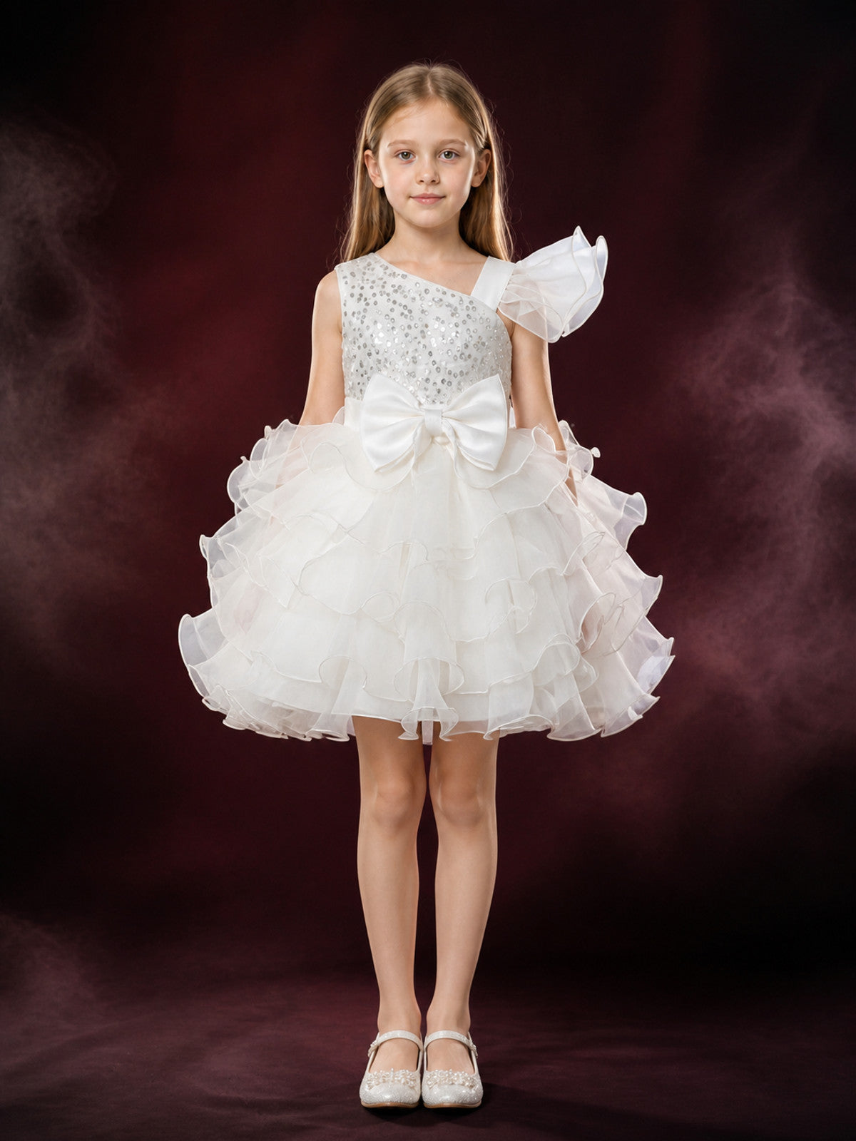 Girls' White Princess Dress with Sequins, Bow, and Layered Ruffle Skirt main product view