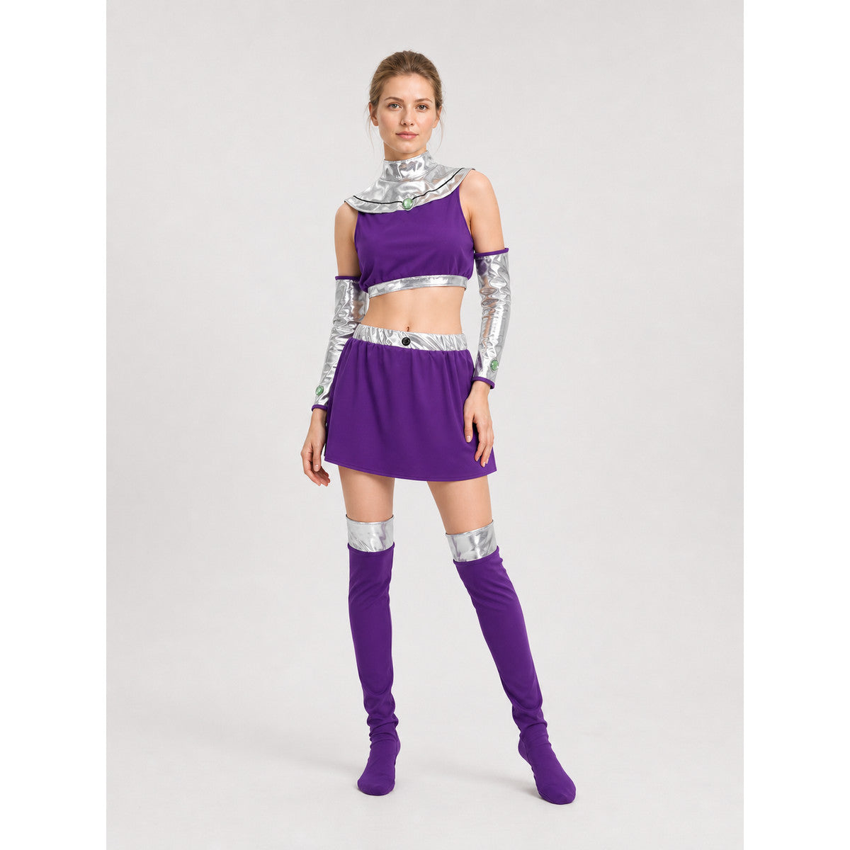 Starfire Cosplay Costume, Top, Skirt, and Accessories lifestyle