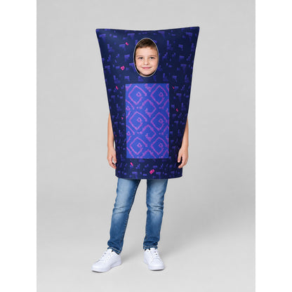 Front view of the navy and purple pixel Nether Portal kids' costume worn over jeans