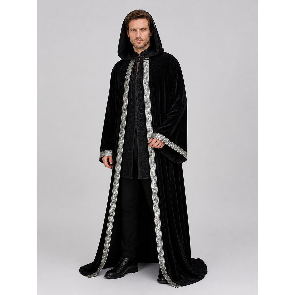 Gothic Black Hooded Cloak Cape with Ornament Costume Capes detail