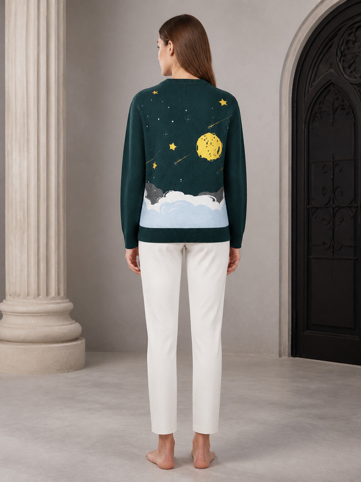 Deep Green Knit Sweater with Night Sky Star and Moon Pattern, Round Neck, Ribbed