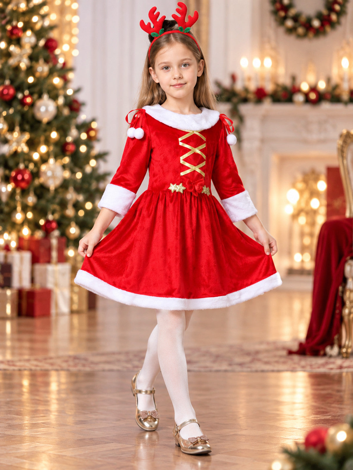 Kids' Christmas Dress with Gold Lacing and Stars