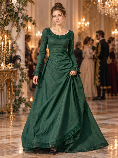 Green Long Vintage Dress with Lace and Draping