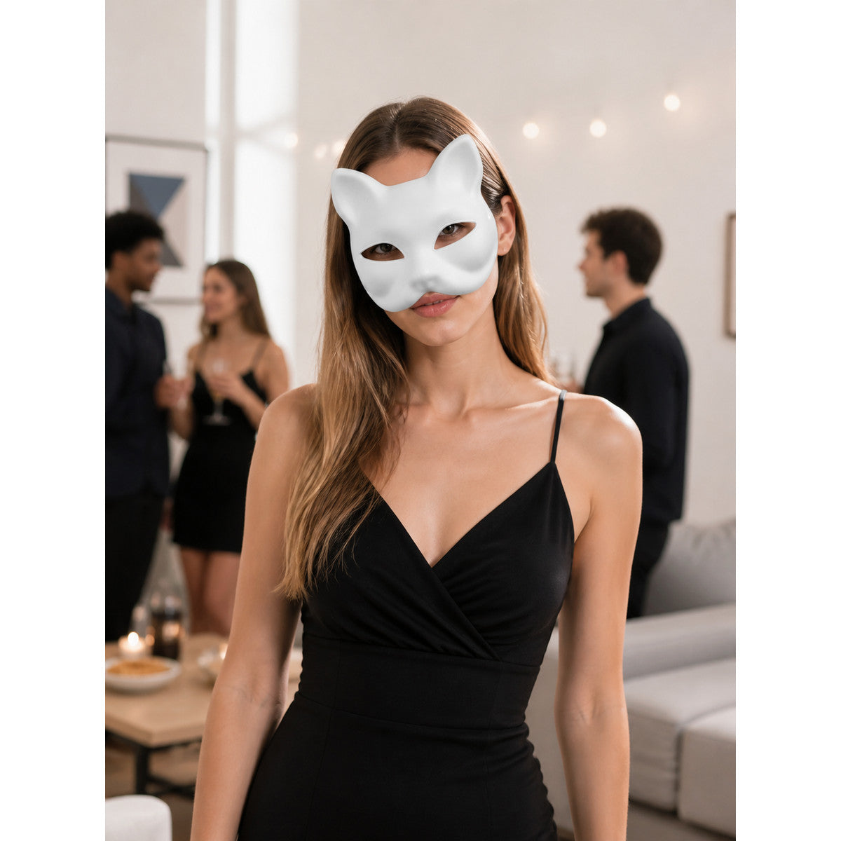 Woman wearing a blank white cat half-mask at a party