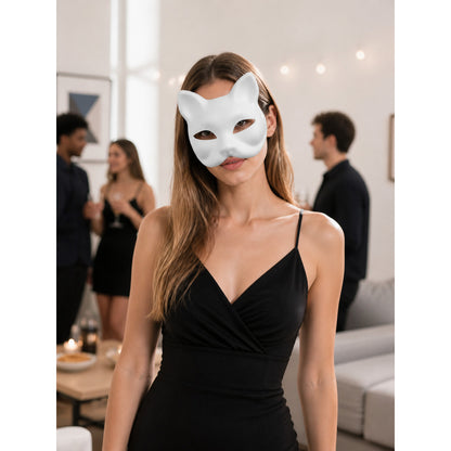 Woman wearing a blank white cat half-mask at a party