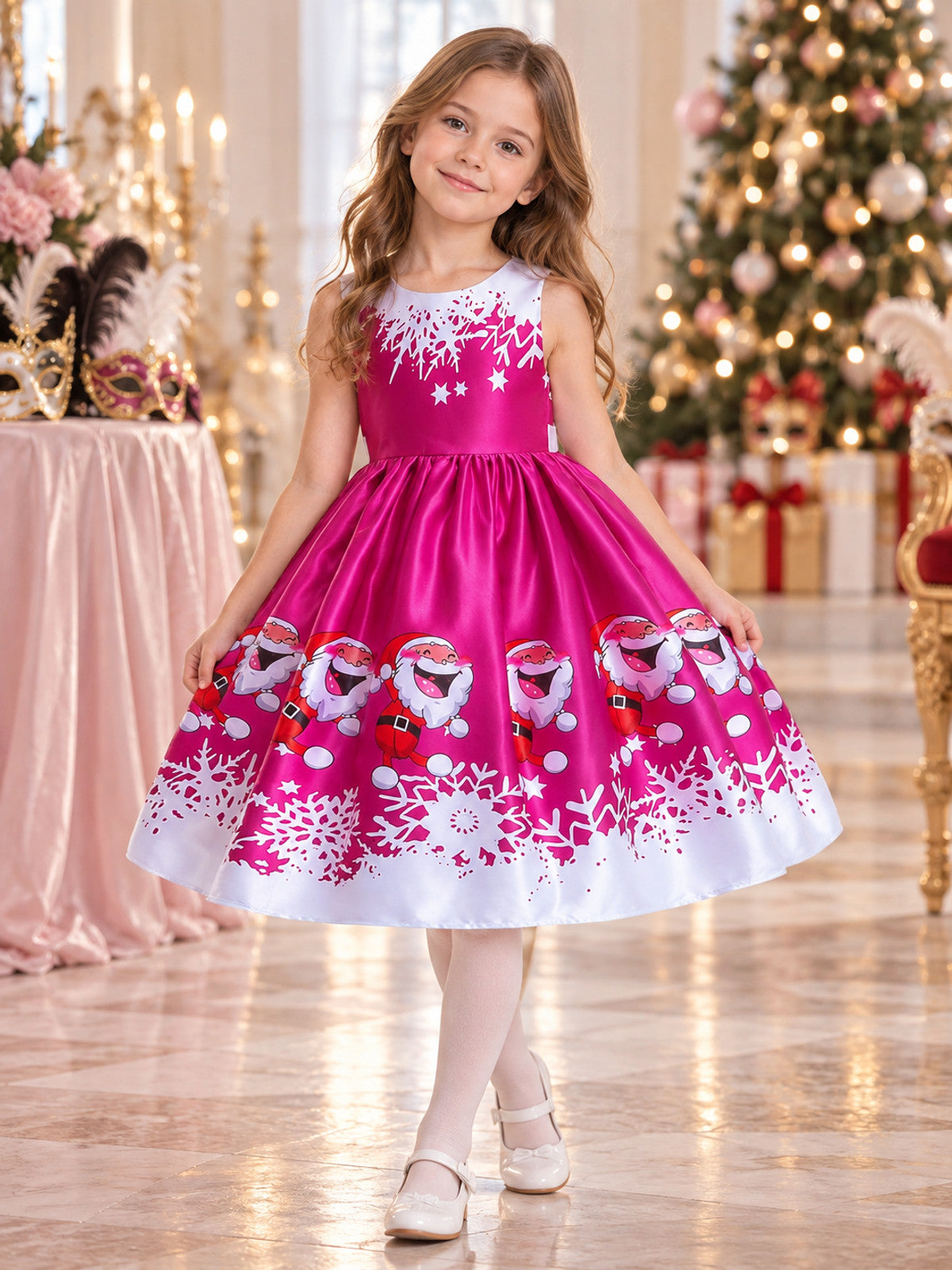 Children's Dress with Christmas Print and Full Skirt lifestyle view