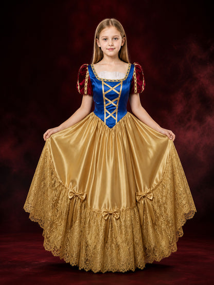 Girls Snow White Costume Dress, Blue Bodice with Gold Lacing, Red Puff Sleeves main product view