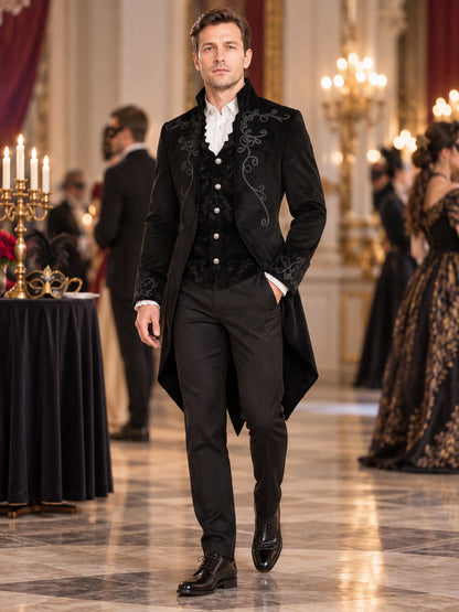Black Tailcoat with Embroidery and Stand Collar
