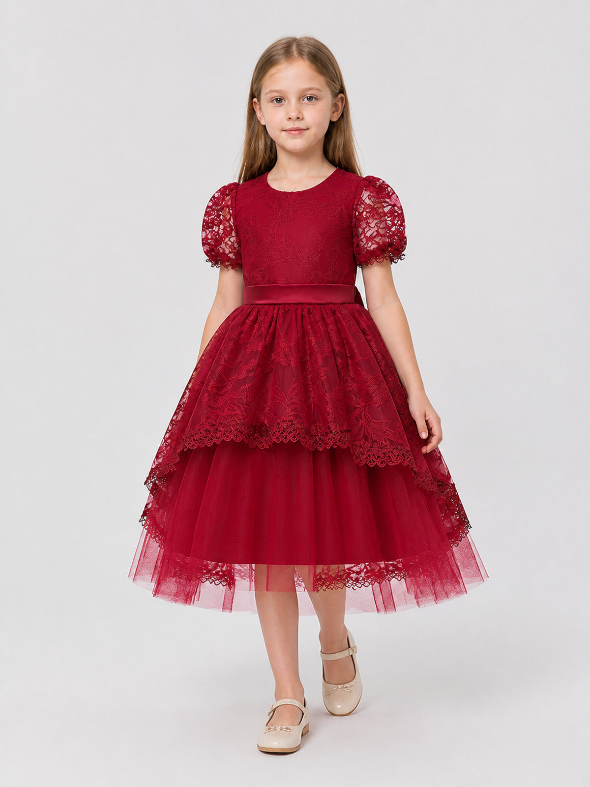 Burgundy Princess Dress for Girls with Lace and Bow
