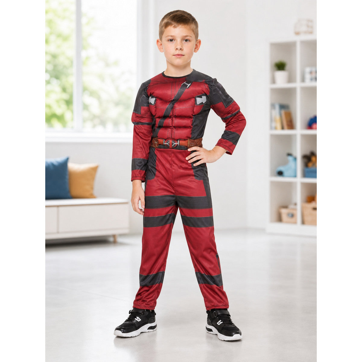 One-piece superhero cosplay suit with mask lifestyle