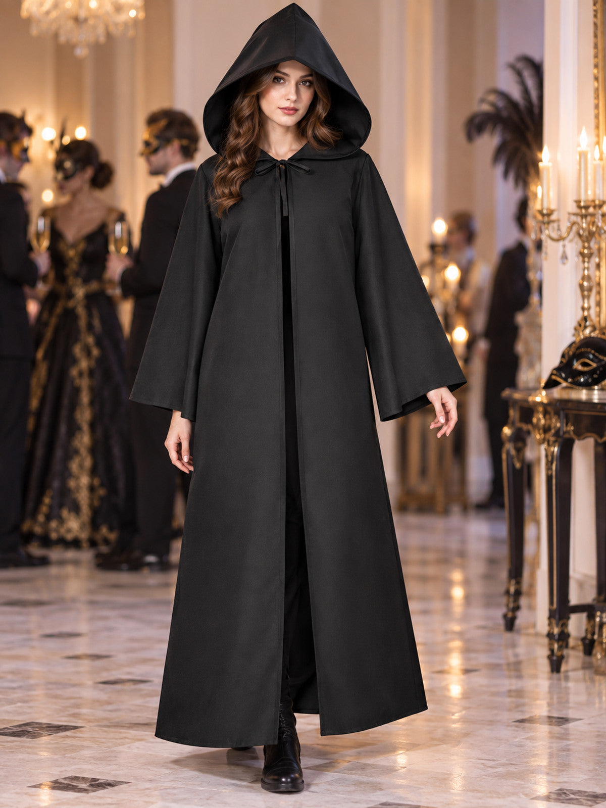 Carnival Cape with Hood Black Long Tie-Front