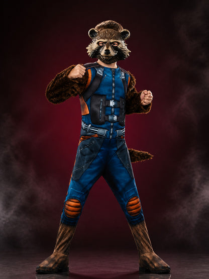 Kids Rocket Raccoon Superhero Muscle Costume Jumpsuit, Plush Hooded Bodysuit main product view