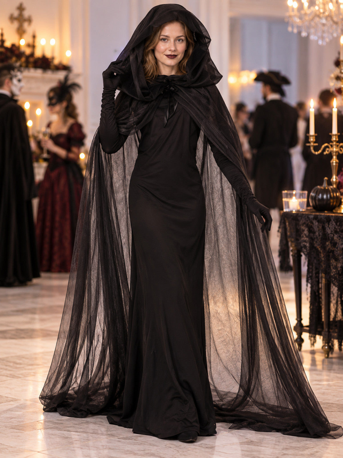 Halloween Costume: Black Dress, Cape, and Gloves