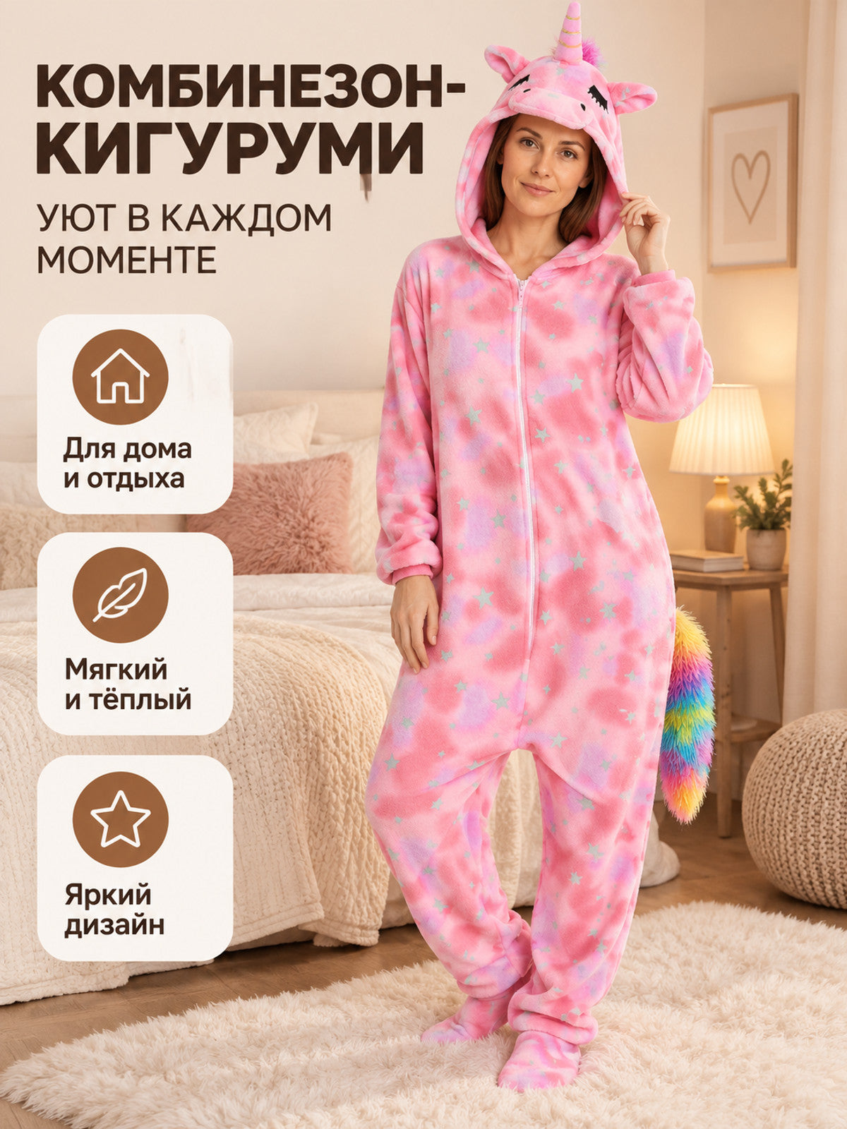 Pink Fleece Unicorn Hooded Kigurumi Jumpsuit