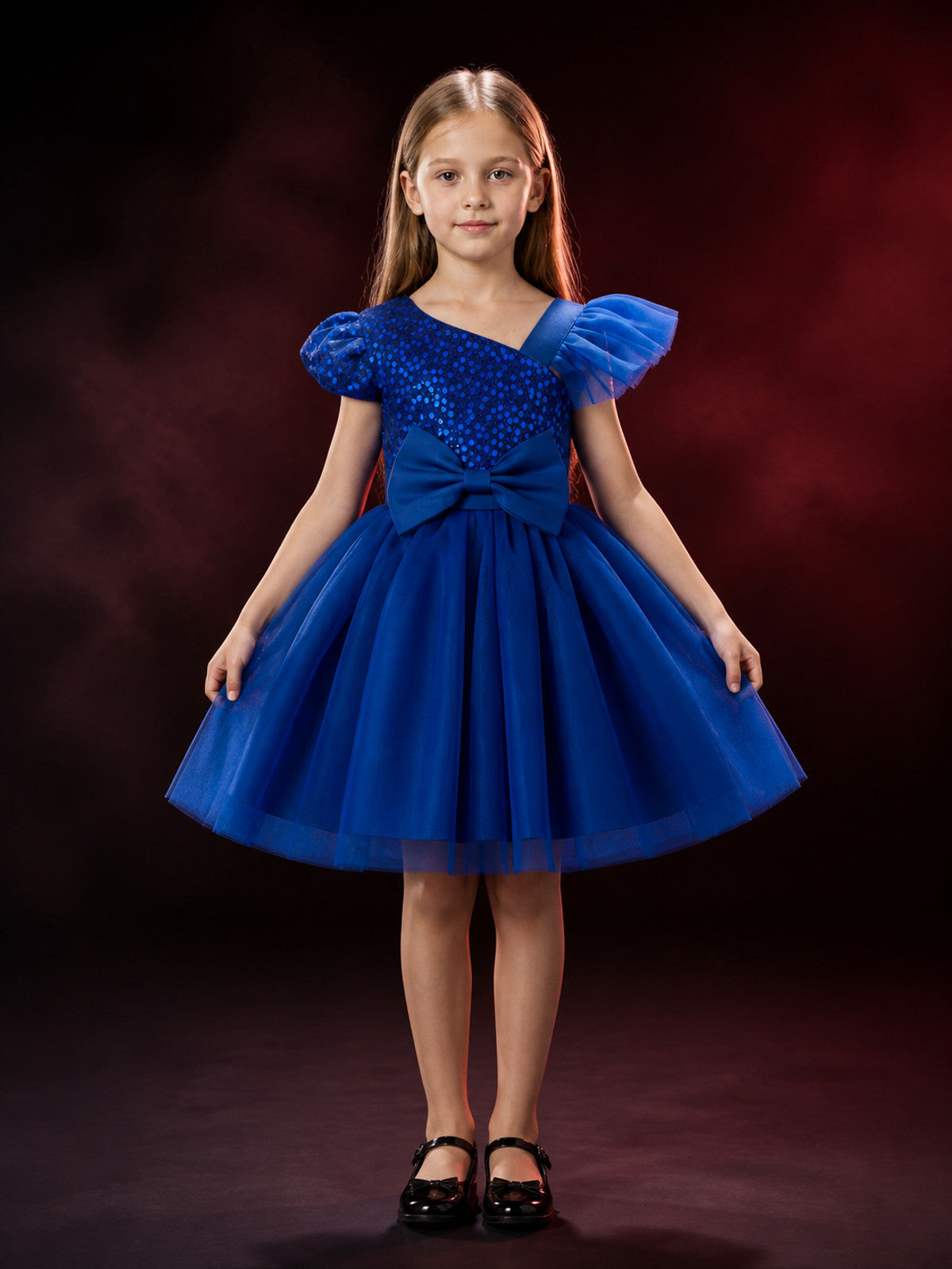 Girls' Blue Sequin Princess Dress With Mesh Skirt And Bow main product view