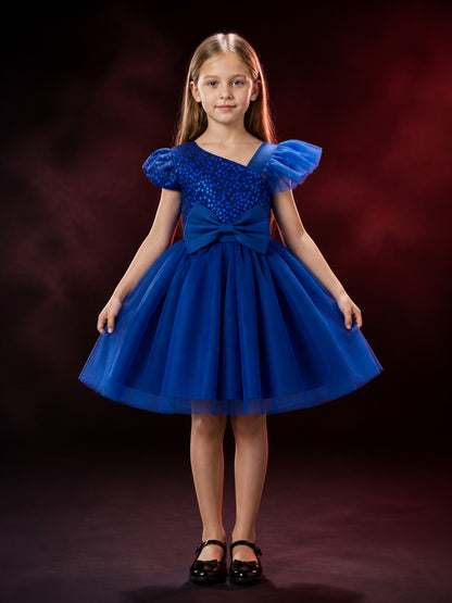 Girls' Blue Sequin Princess Dress With Mesh Skirt And Bow main product view