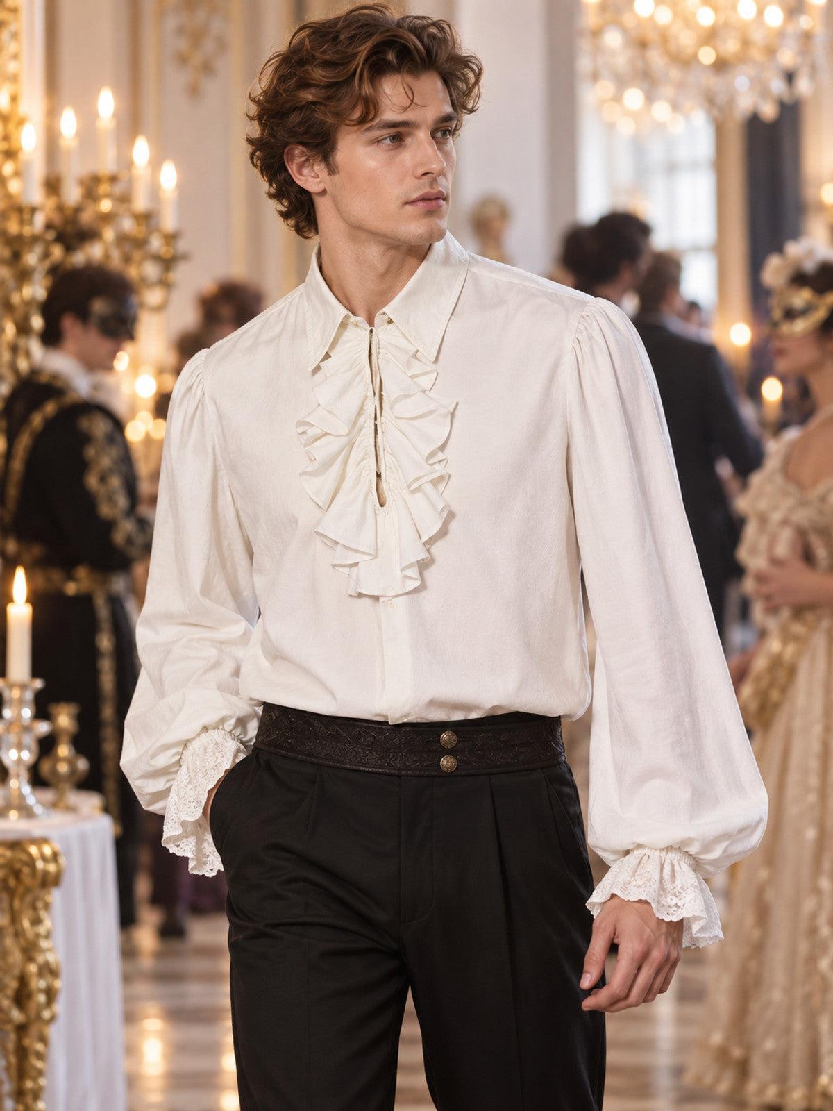 White shirt with a jabot and ruffles on the cuffs