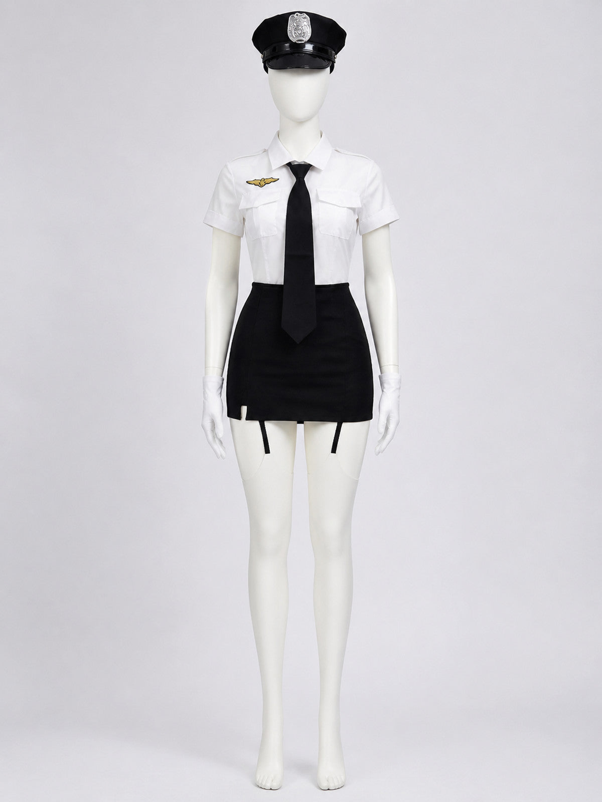 Women's Sexy Police Costume Set - White Uniform Top with Gold Badge, Black Skirt main product view