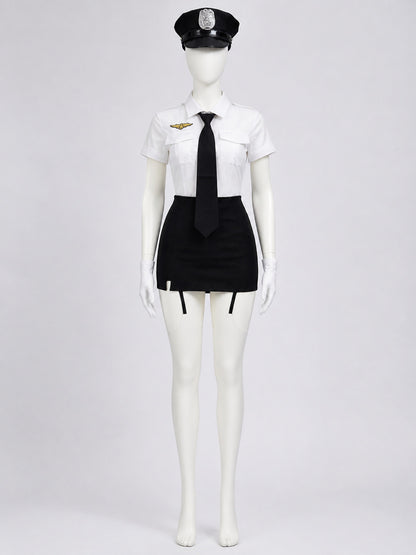 Women's Sexy Police Costume Set - White Uniform Top with Gold Badge, Black Skirt main product view