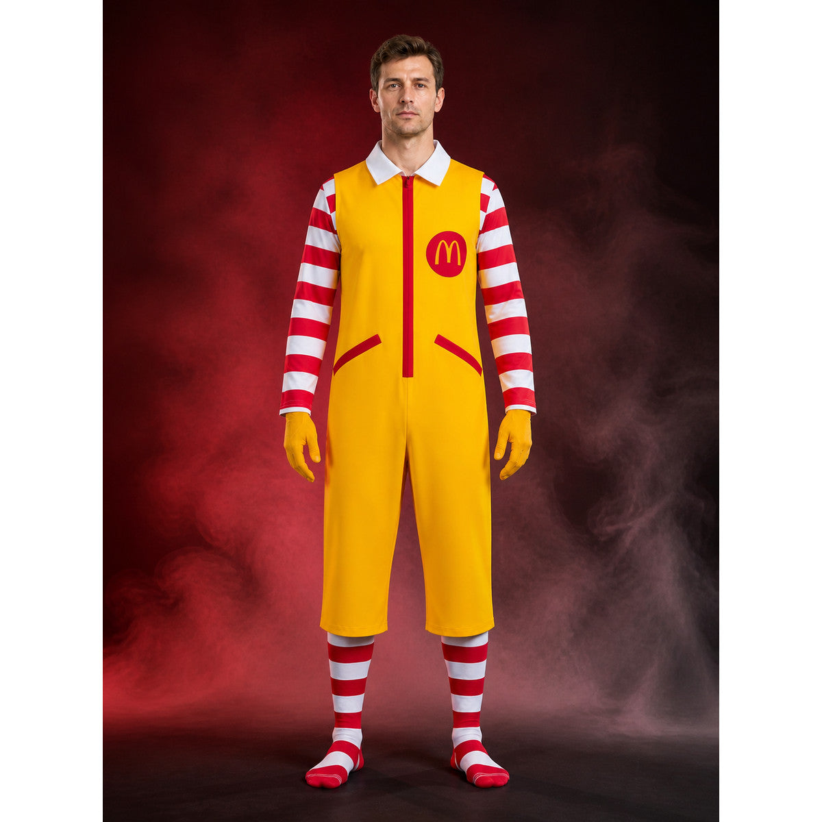 Clown Circus Costume Set, Red White Striped Top, Yellow Jumpsuit and Gloves lifestyle