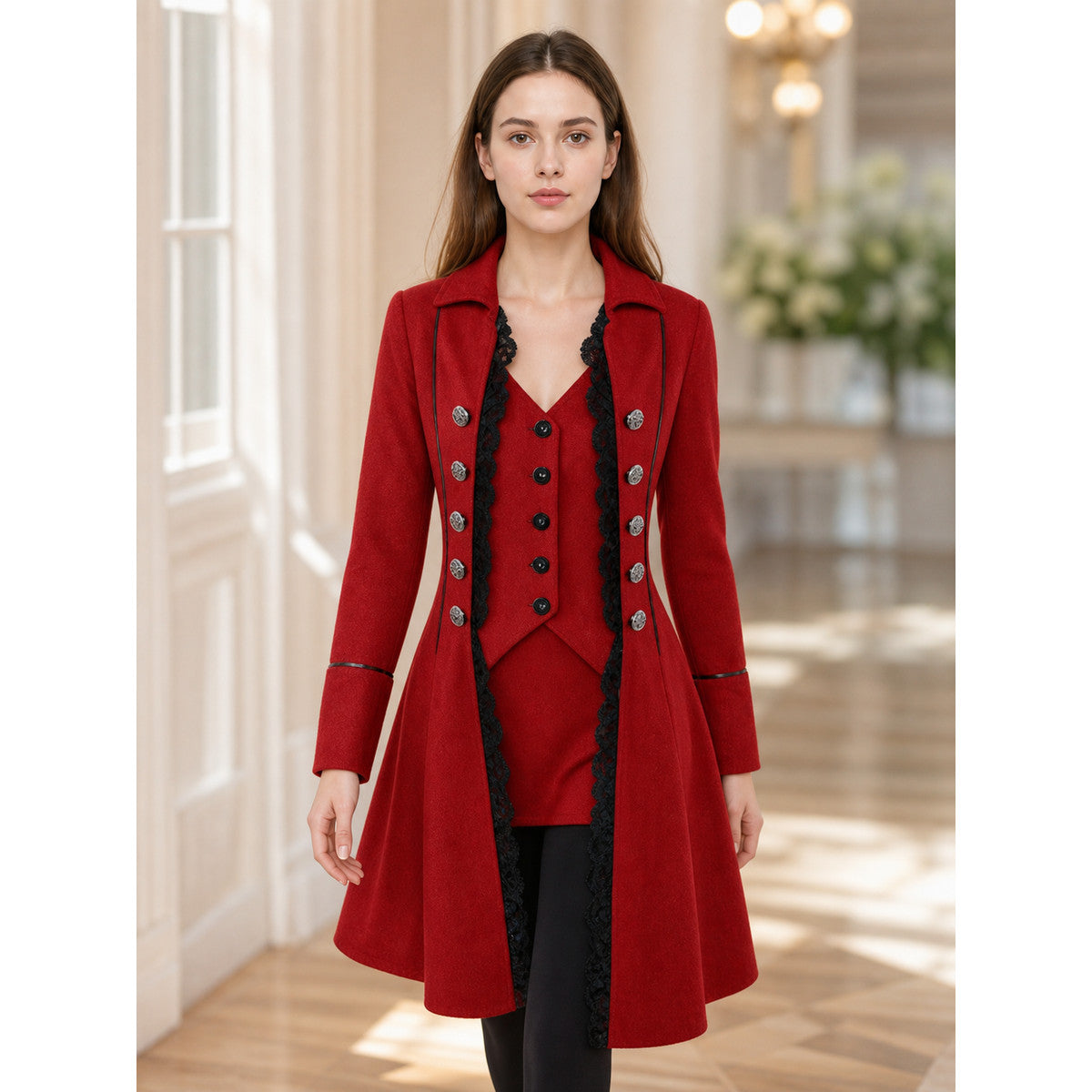 Red decorative tailcoat with long sleeves lifestyle view