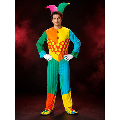 Adult Unisex Clown Jumpsuit Costume with Hat, Multicolor Striped Polka Dot main product view