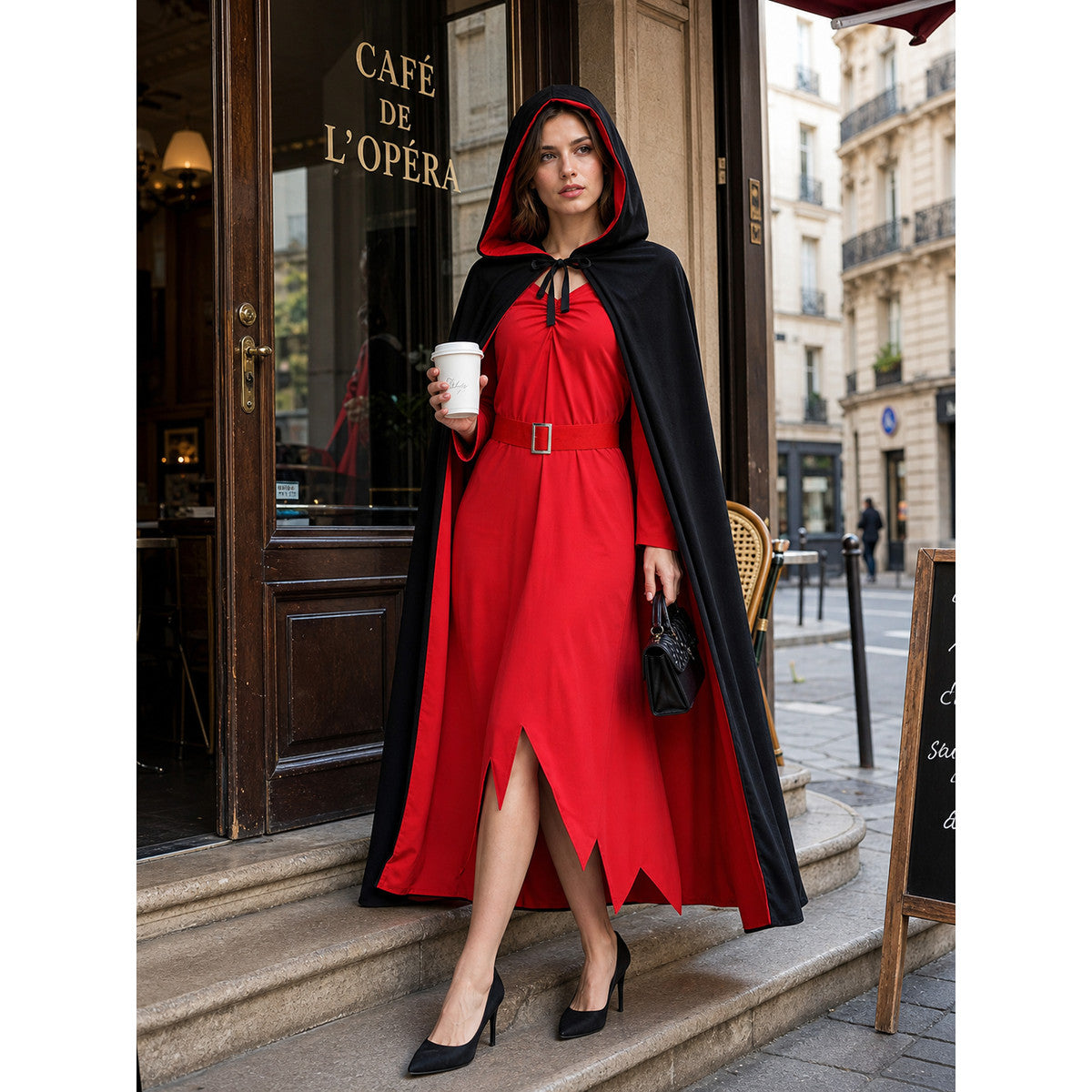 Black-and-Red Vampire Hooded Cloak for Halloween lifestyle view