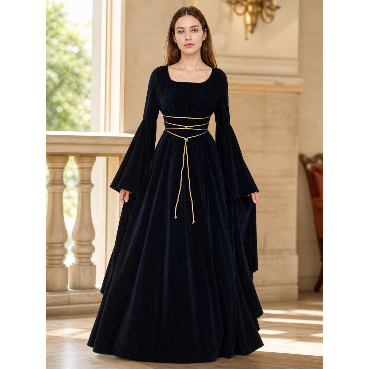 Gothic Maxi Evening Dress with Belt