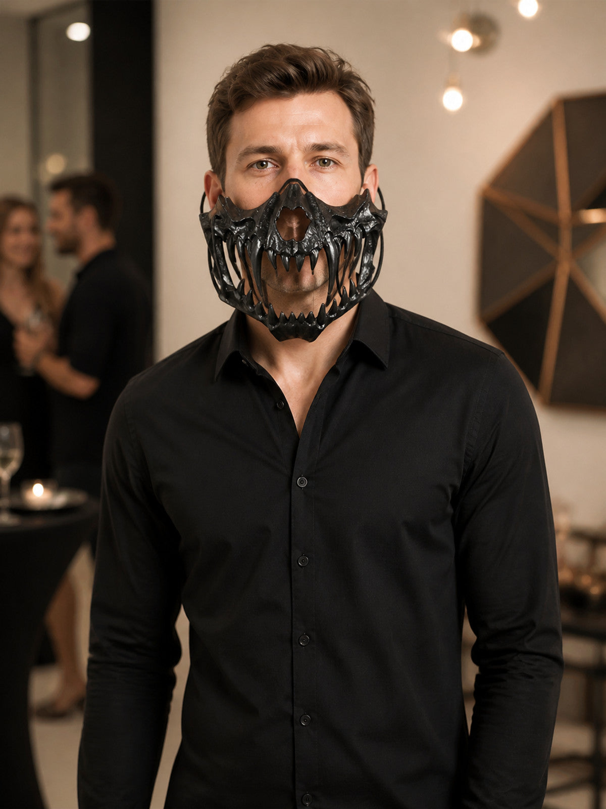 Black Halloween Skull Mask with Fangs, Half-Mask