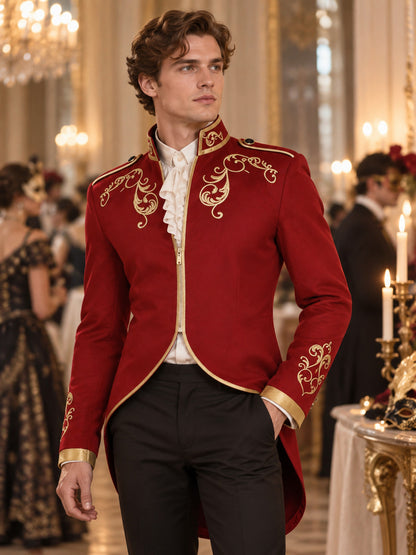 Red tailcoat with gold embroidery and zipper