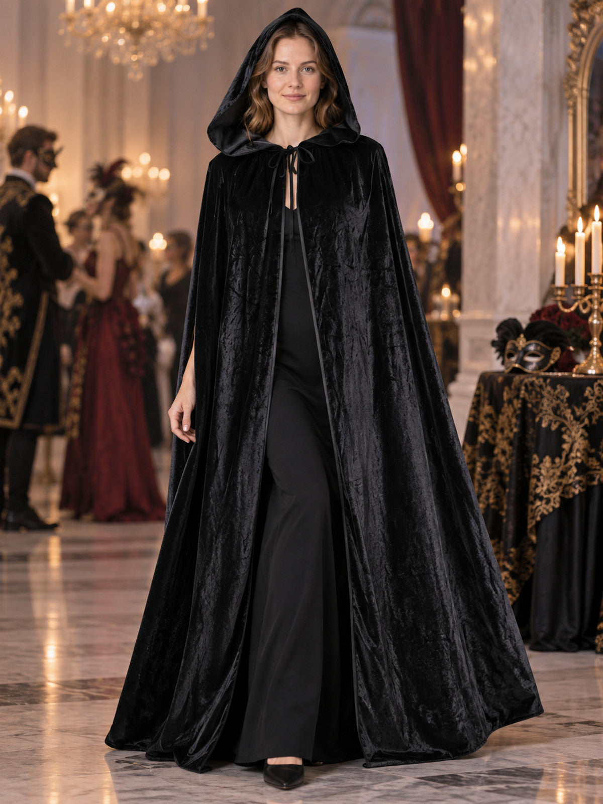 Long black hooded cloak cape made of thick velvet