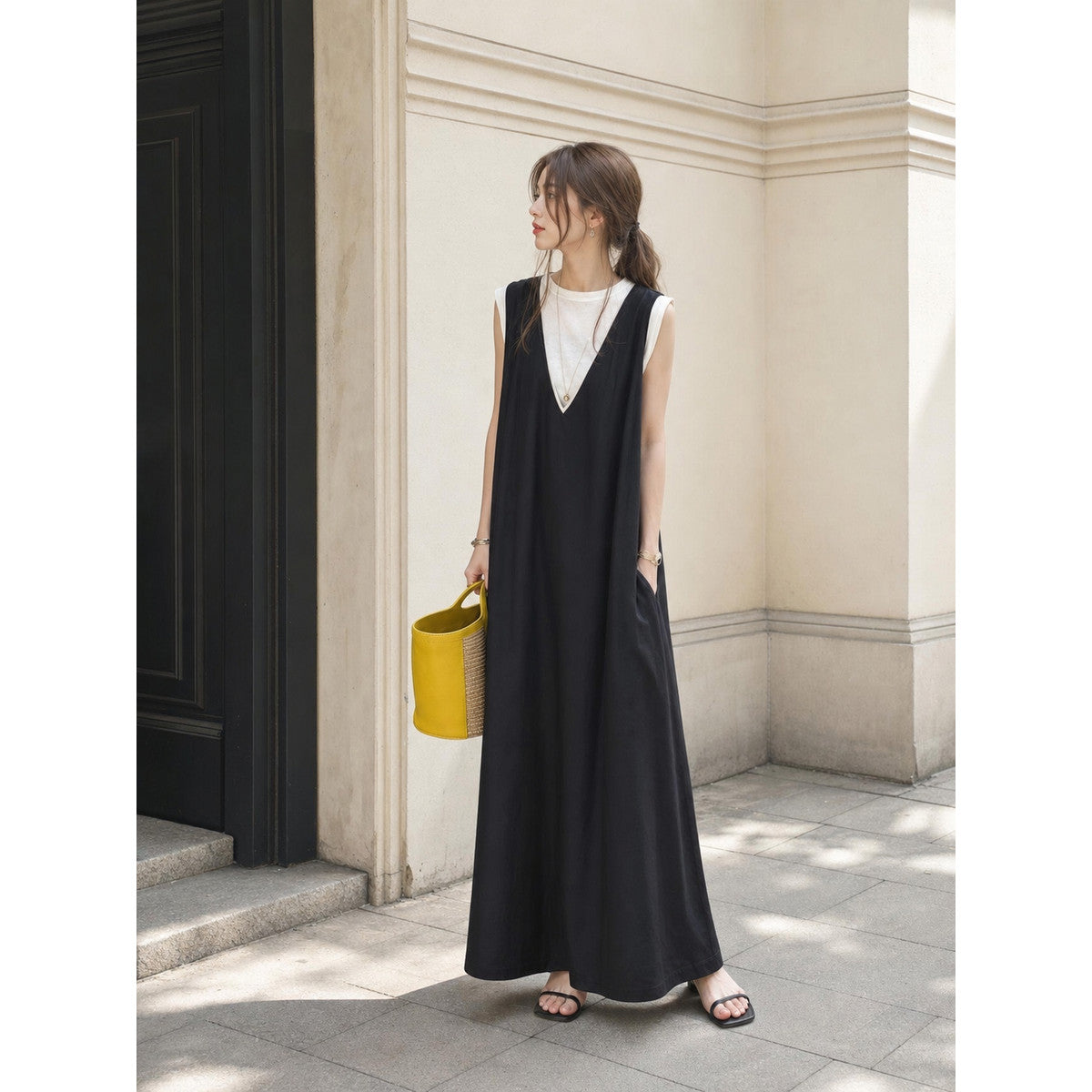 Long Black Sleeveless Dress with V-Neck