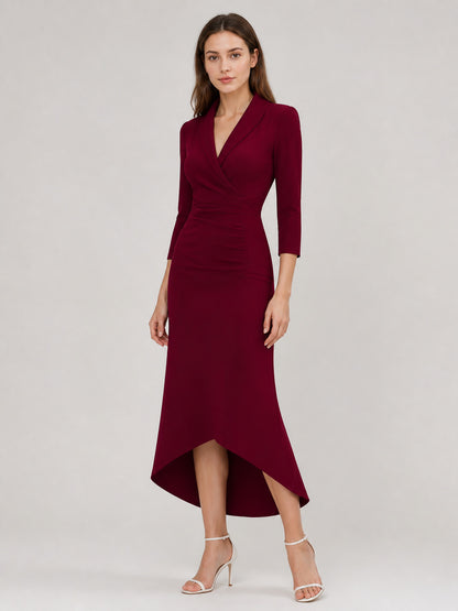 Burgundy Dress with a V-Neck and Asymmetrical Hem