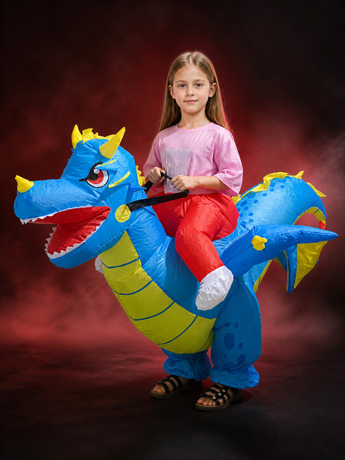 Blue Riding Dinosaur Inflatable Costume with Yellow Spikes, Halloween Funny main product view