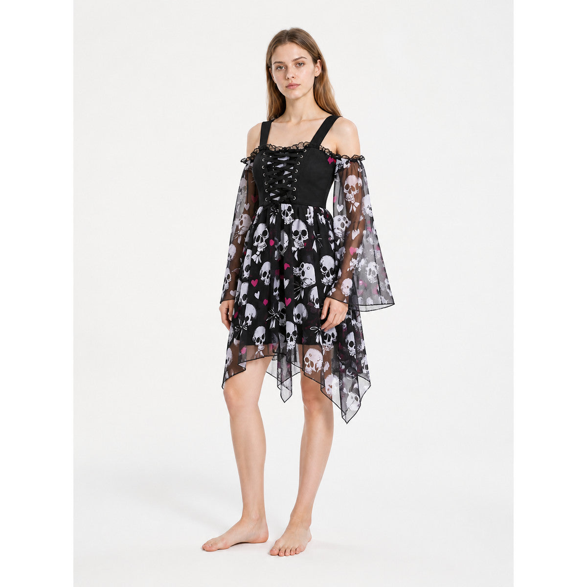 Gothic Skull Asymmetrical Tie-Front Dress Costume Dresses detail