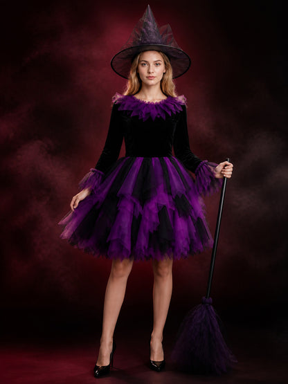 Adult & Kids Witch Costume Dress, Long Sleeve Layered Tulle Purple & Black