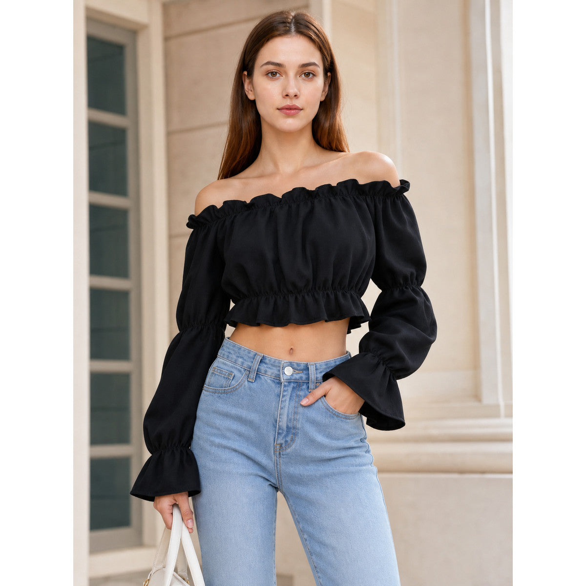 Cropped Off-the-Shoulder Top with Sleeves lifestyle view