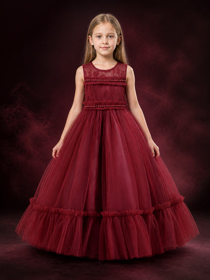 Girls' Burgundy Princess Formal Dress, Sleeveless Lace Bodice Rhinestone Tulle main product view