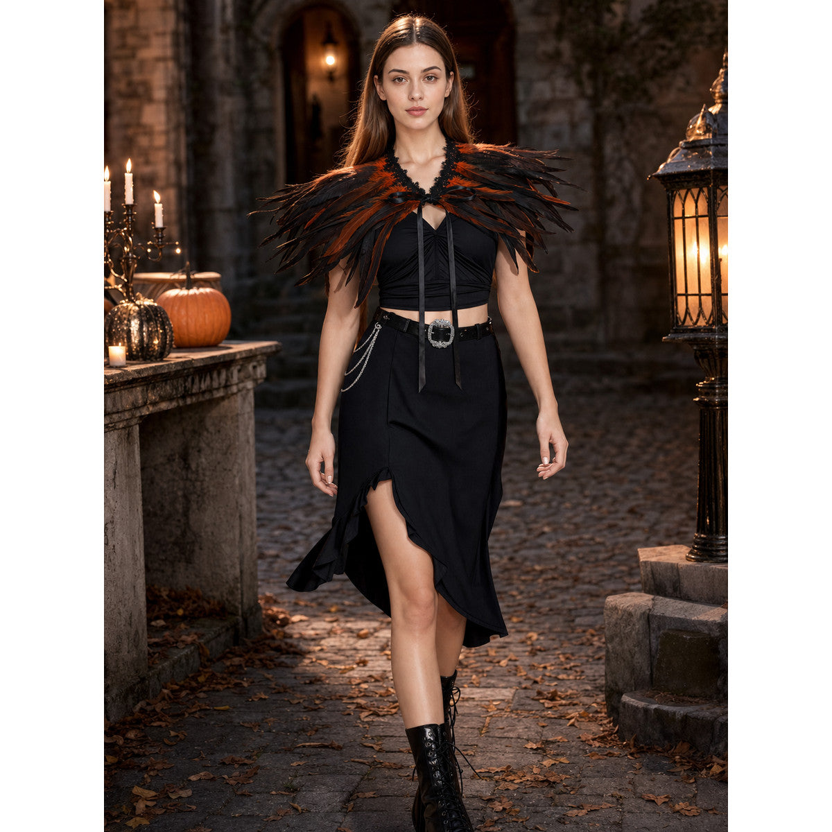 Feather Cape Shawl, Black Lace Trim and Layered Orange Dark Brown Black Feathers, Front Tie Closure, Shoulder Coverage Short Cape for Costume Use