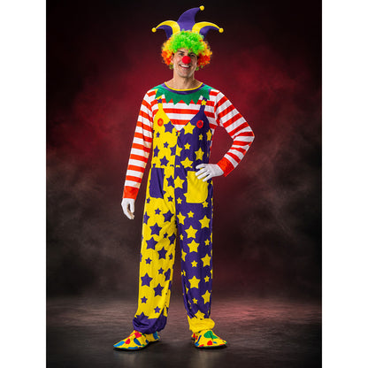 Unisex Adult Clown Jumpsuit Costume Set with Star Print, Striped Sleeves, and main product view