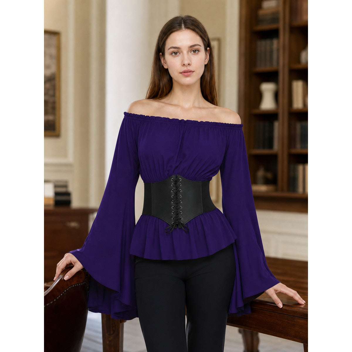 Purple blouse with a belt, off-the-shoulder design, and flared sleeves
