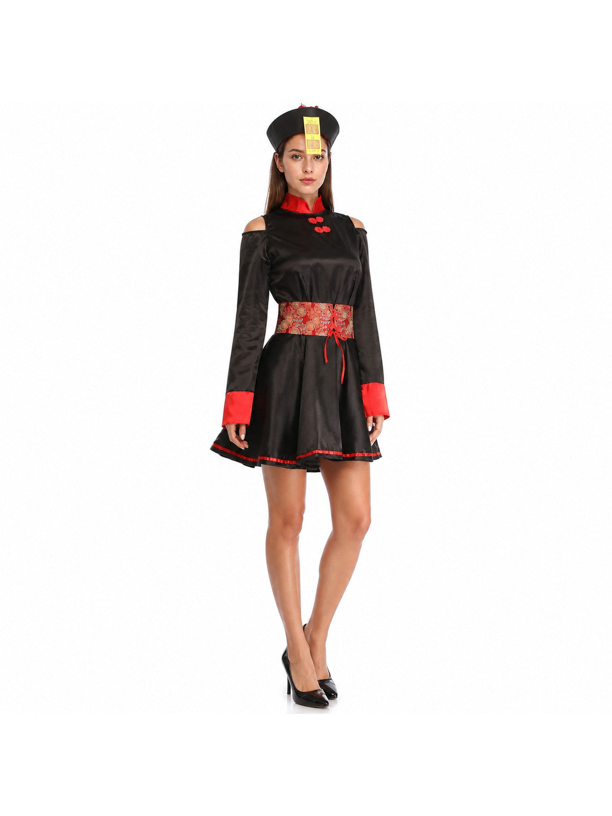 Chinese Stage Costume with Red Belt and Hat