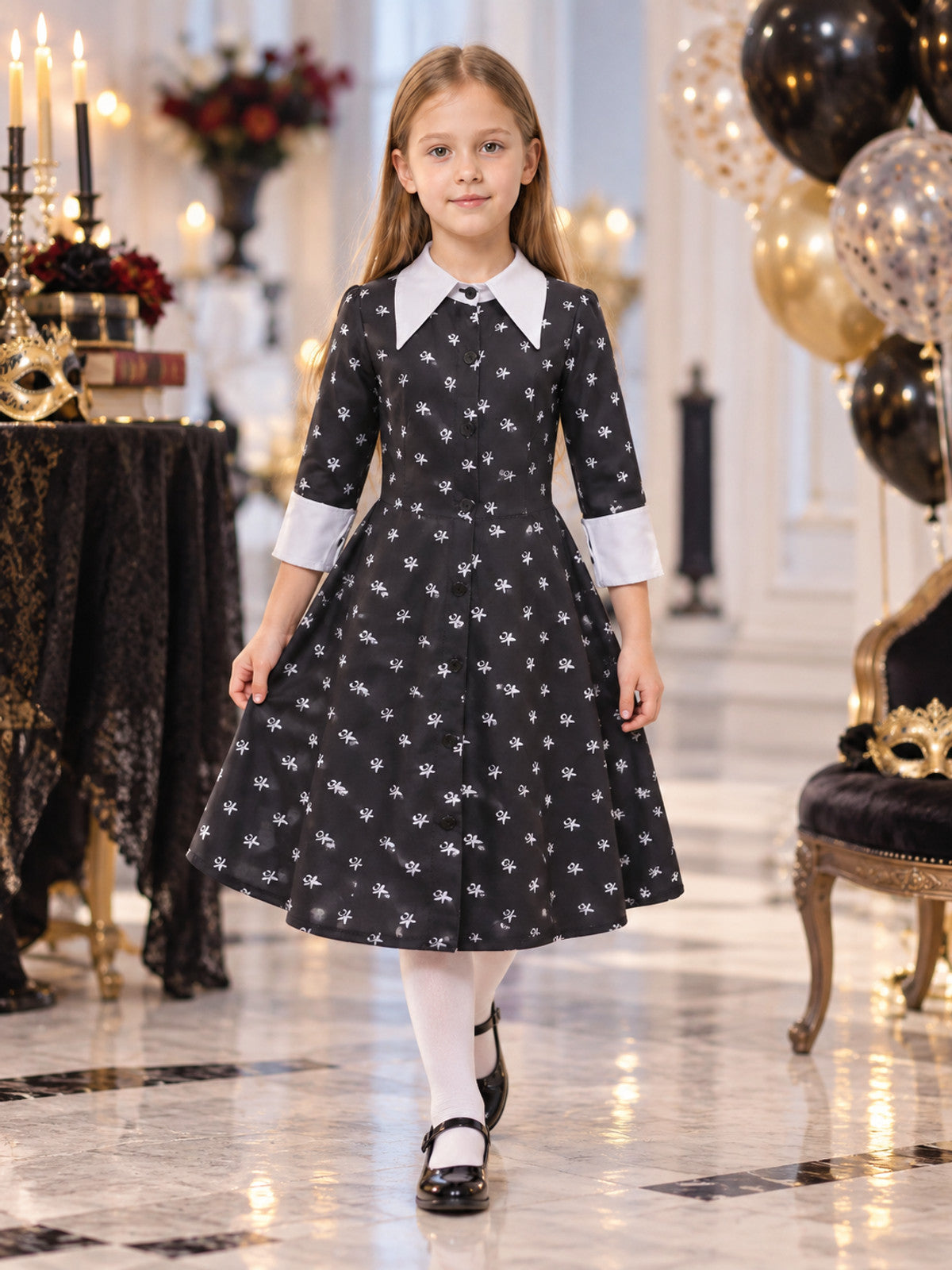 Children's costume dress with a white bow print lifestyle view