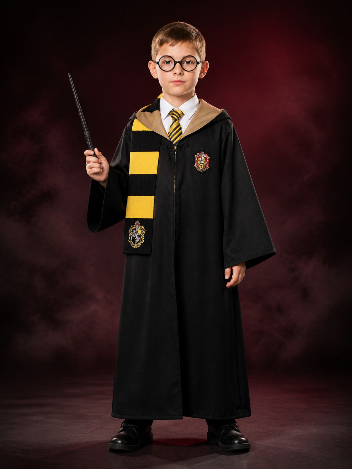 Wizard School Robe Costume Set, Chest Badge, Hooded Collar, Yellow Black Tie & main product view