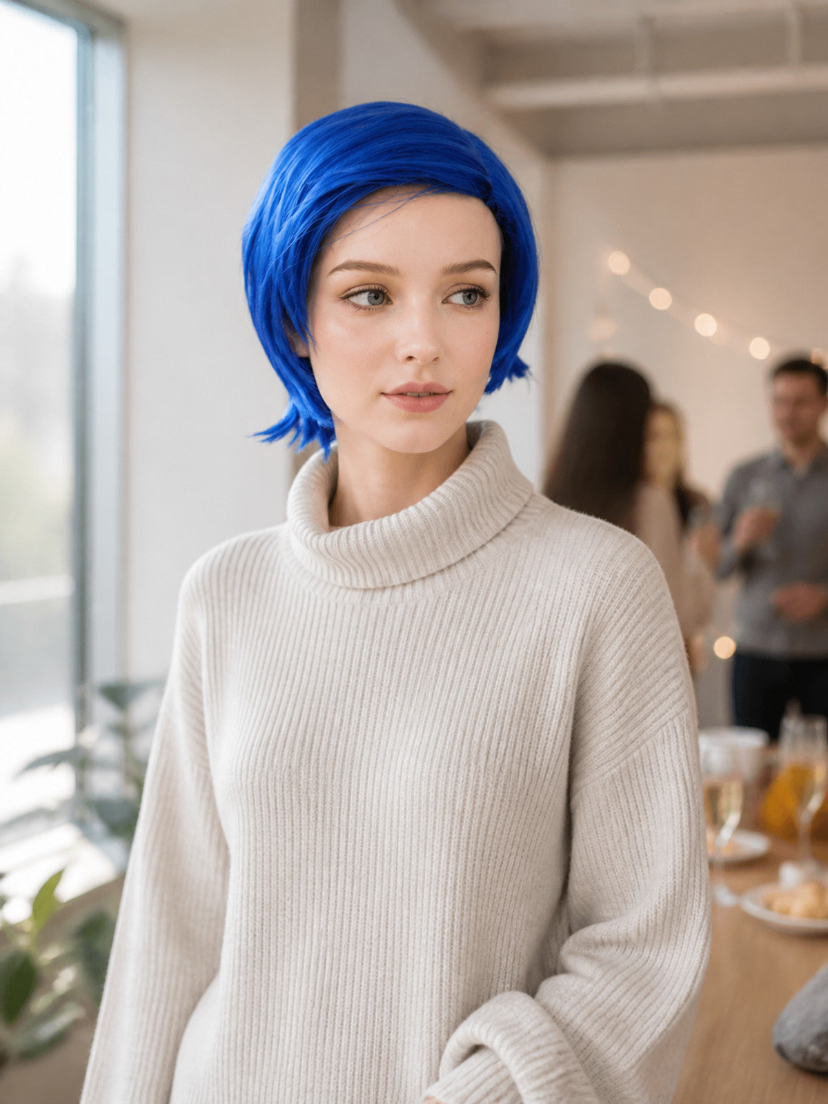 Blue Bob Wig with Side-Swept Bangs for Cosplay and Parties lifestyle view